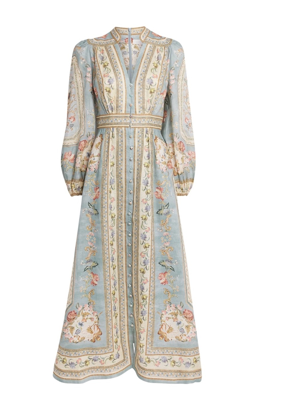 Zimmermann Roselight Plunge Long Sleeve Linen & Silk Midi Dress Floral Paisley - Picture 2 of 13